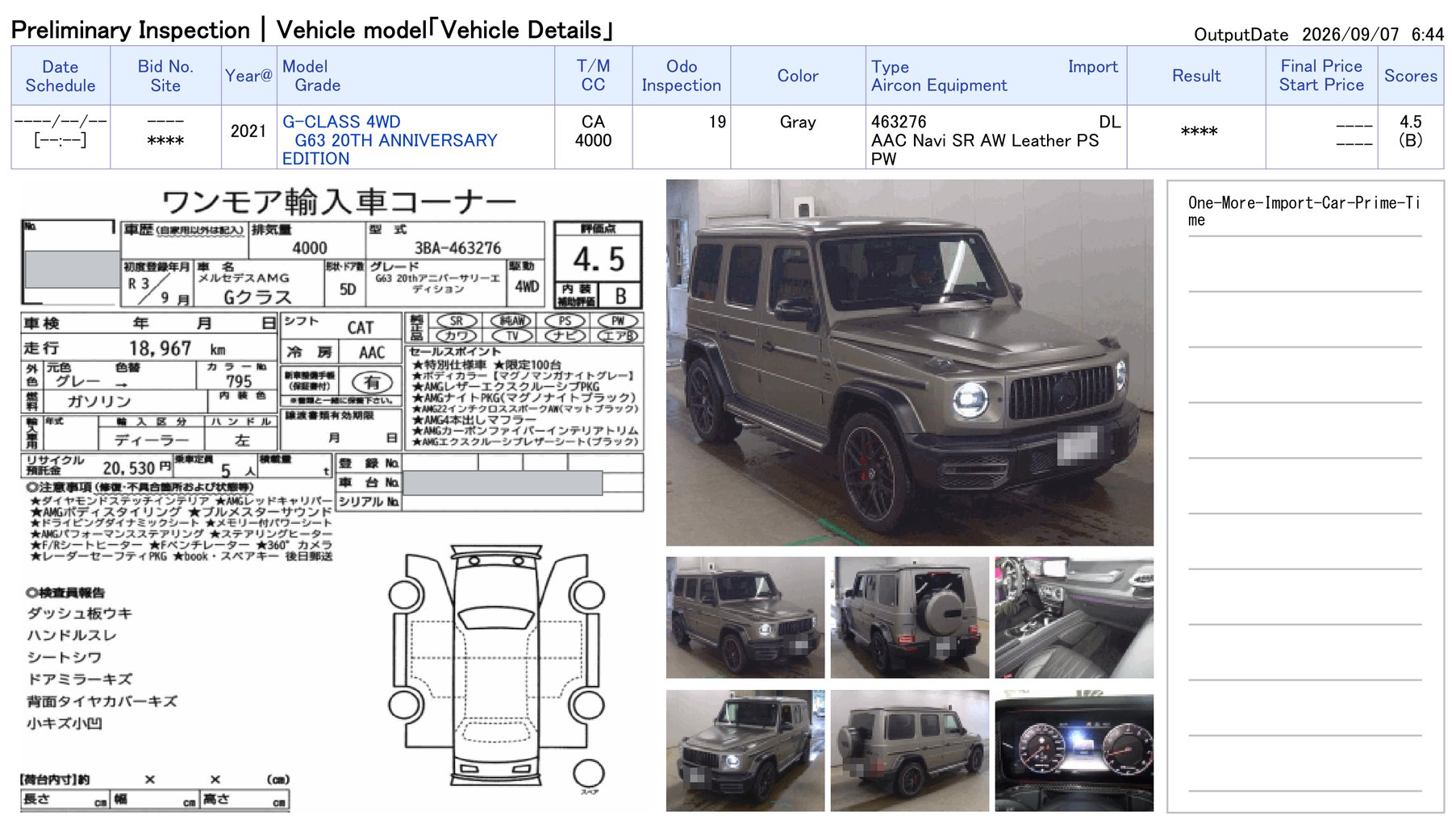 Original-Auktionsblatt einer japanischen Premiumauktion: Mercedes-AMG G 63, Baujahr 2021, Gesamtgrade 4,5, Innenraum-Bewertung B — mit Karosserieschema, Prüferbericht und sechs Fahrzeugfotos. Sechs nummerierte Markierungen heben die Felder hervor, die in der Legende darunter erklärt werden.