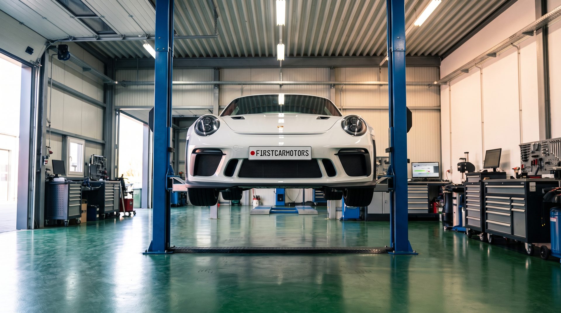 Porsche GT3 RS auf einer Hebebühne in der Werkstatt